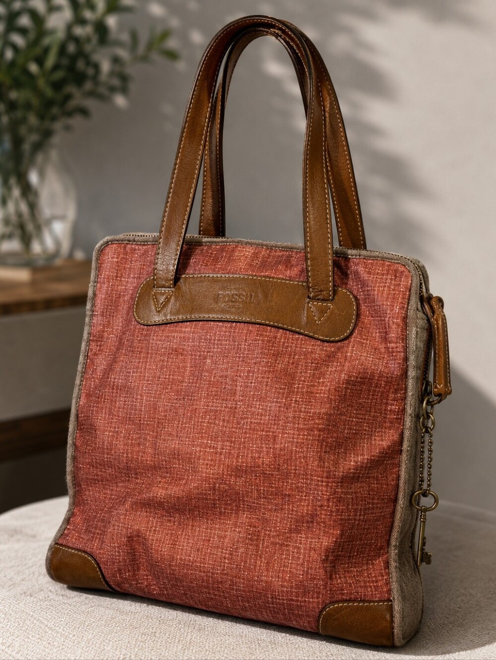Fossil - Red Tote with Brown Leather Trim